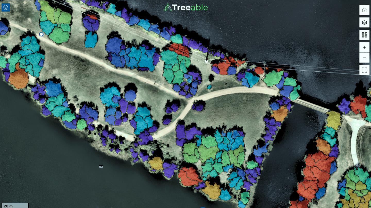 Individual tree crowns segmented and color-coded across a park peninsula, with canopy height models derived from imagery
